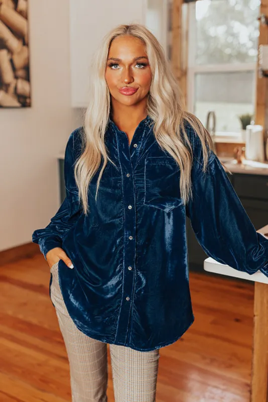 Pure Heart Velvet Button Up In Blue sold by Impressions