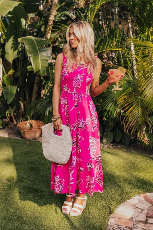 Happy Blooms Smocked Midi in Hot Pink sold by Impressions