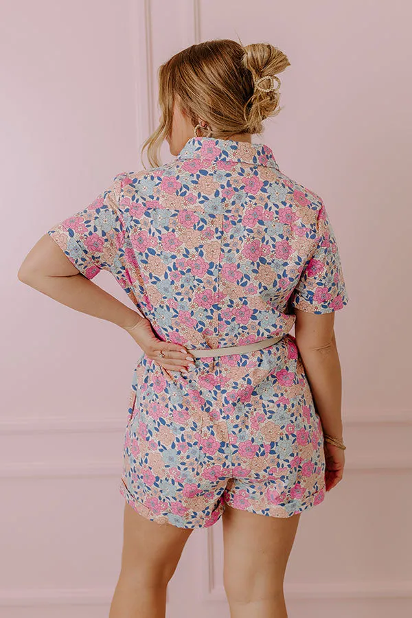 Sunny With A Chance of Blooms Denim Romper in Pink sold by Impressions product image thumbnail 3