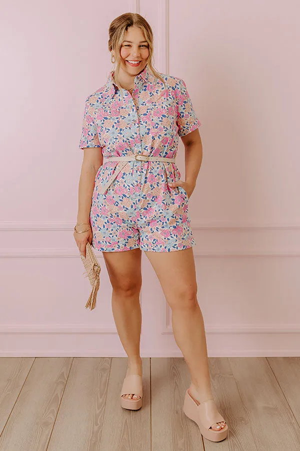 Sunny With A Chance of Blooms Denim Romper in Pink sold by Impressions product image thumbnail 2