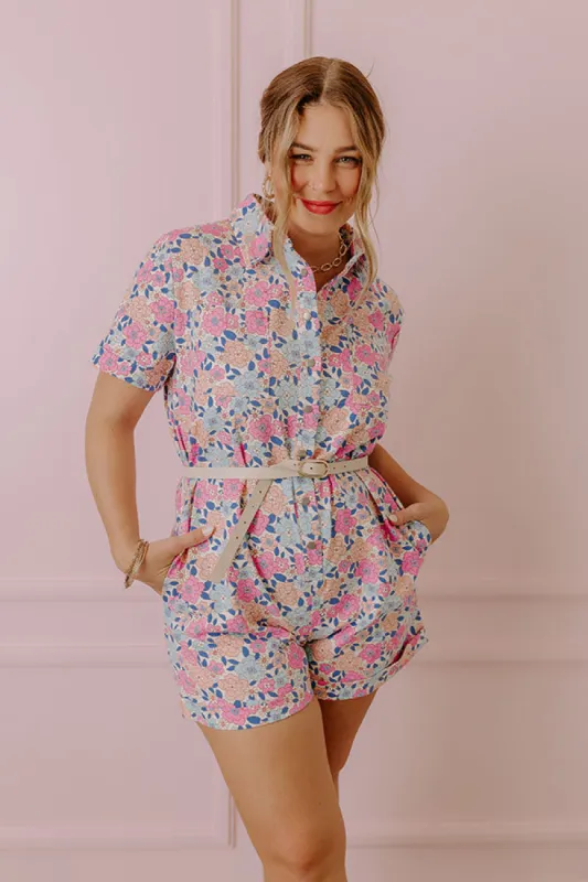 Sunny With A Chance of Blooms Denim Romper in Pink sold by Impressions