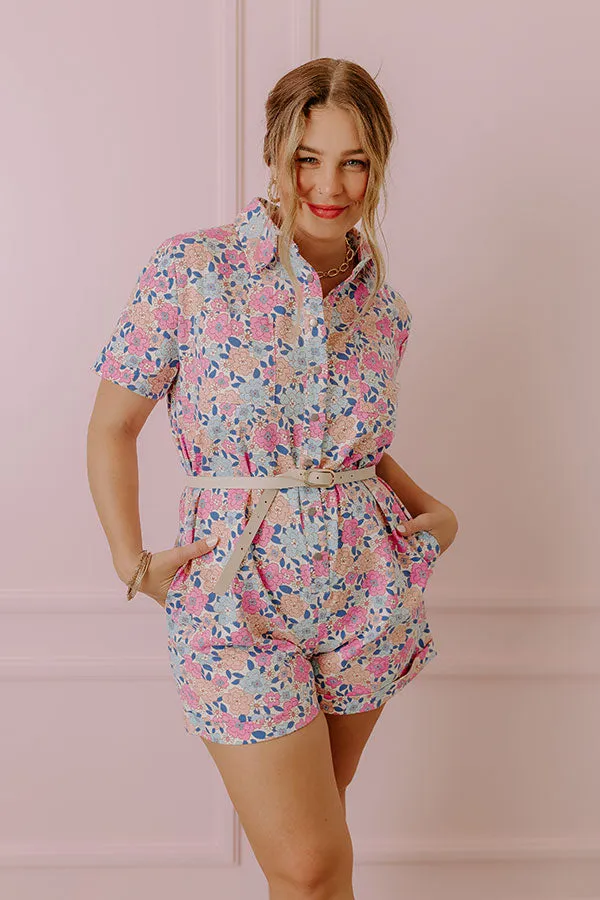 Sunny With A Chance of Blooms Denim Romper in Pink sold by Impressions