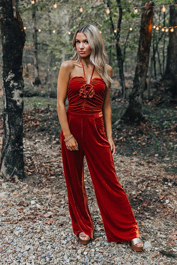 Fall Mixer Velvet Jumpsuit in Rust sold by Impressions