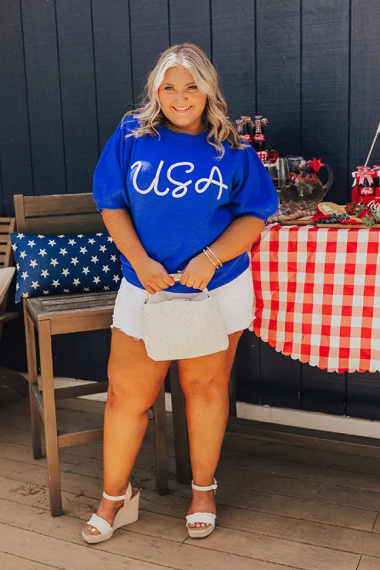 USA Knit Sweater Top in Royal Blue Curves sold by Impressions