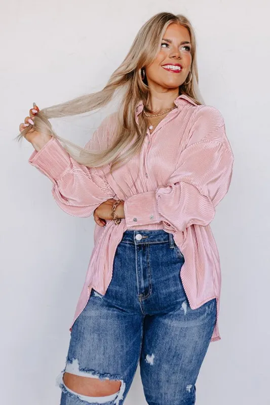 Never Speechless Pleated Button Up in Pink Curves sold by Impressions