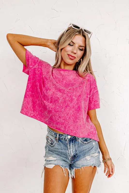 Cafe Afternoons Mineral Wash Crop Top in Hot Pink sold by Impressions