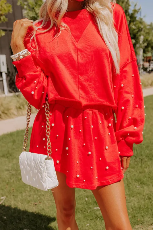 Sideline Chic High Waist Pearl Embellished Skort in Red sold by Impressions