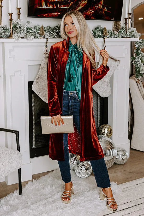 Romance Awaits Velvet Coat In Rust sold by Impressions