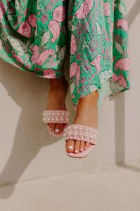 The Kelly Faux Suede Embellished Sandal In Pink sold by Impressions