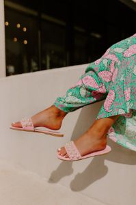 The Kelly Faux Suede Embellished Sandal In Pink sold by Impressions