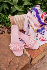 The Kelly Faux Suede Embellished Sandal In Pink sold by Impressions