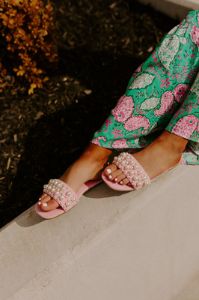 The Kelly Faux Suede Embellished Sandal In Pink sold by Impressions