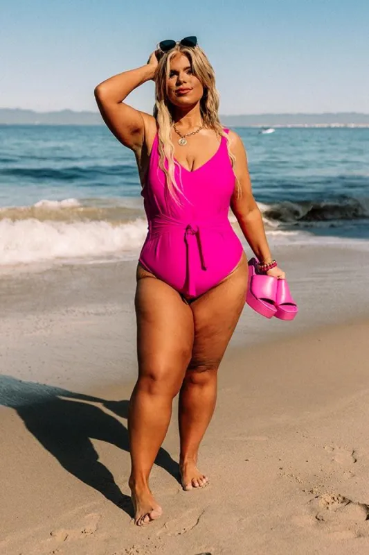 Turn Up The Waves One Piece Swimsuit in Fuchsia Curves sold by Impressions