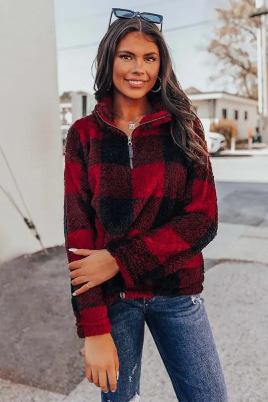 Cozy Weekend Plans Sherpa Pullover In Red sold by Impressions