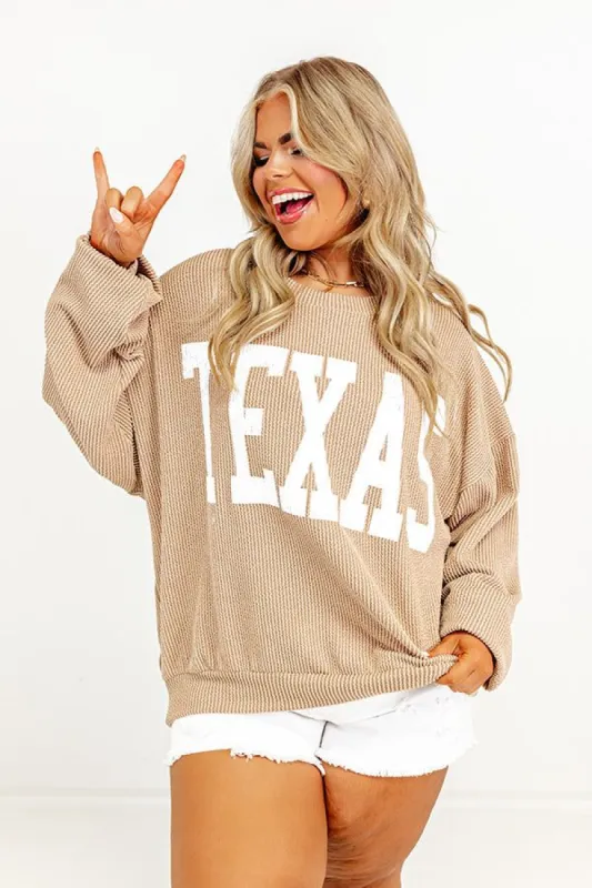 Texas State Pride Sweatshirt in Light Khaki Curves sold by Impressions