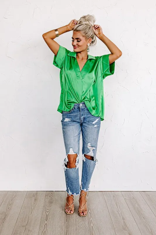 Best Weather Ever Satin Shift Top in Kelly Green sold by Impressions