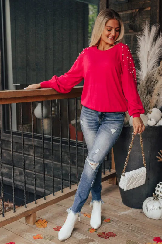 Feeling Spontaneous Embellished Sweater Top In Hot Pink sold by Impressions