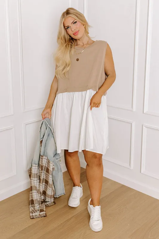 Small Town Girl Mini Dress in Warm Taupe Curves sold by Impressions