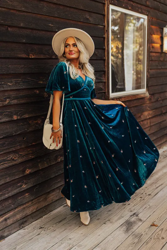 Boho Vibes Embroidered Velvet Midi in Teal sold by Impressions