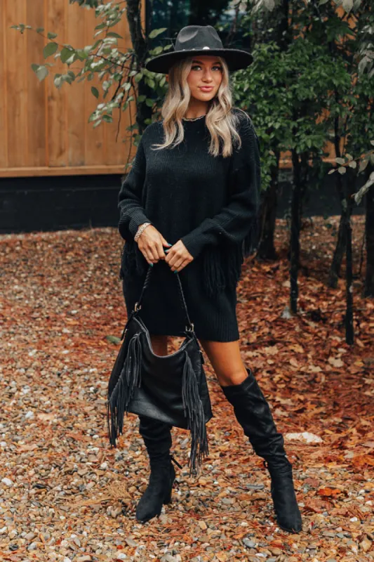 Fall Latte Fringe Sweater Dress in Black sold by Impressions