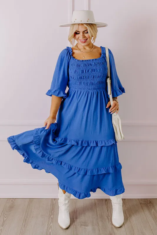 Toes In The Sand Smocked Midi in Royal Blue Curves sold by Impressions