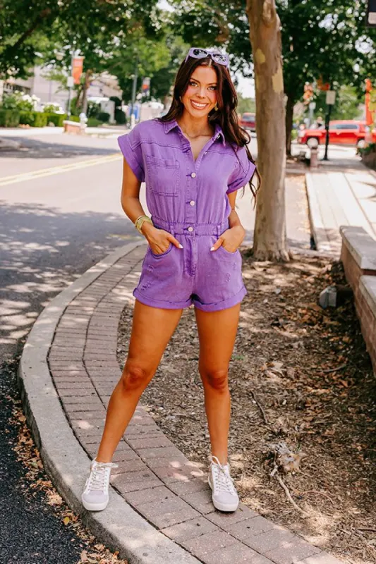 Sweet Duet Distressed Denim Romper In Purple sold by Impressions
