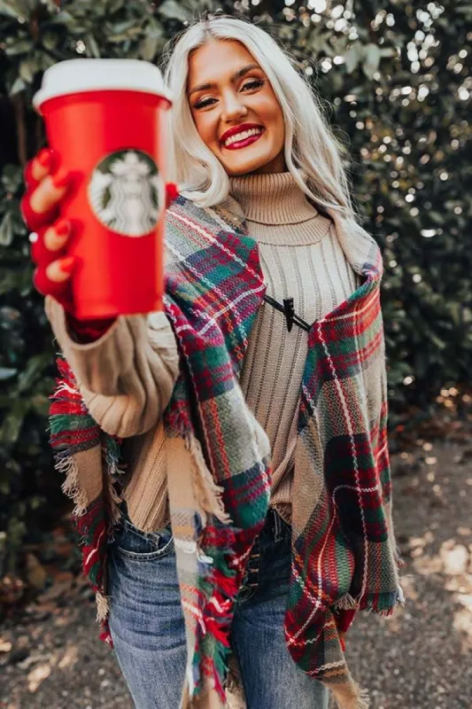 Infinitely Cozy Plaid Poncho in Khaki sold by Impressions