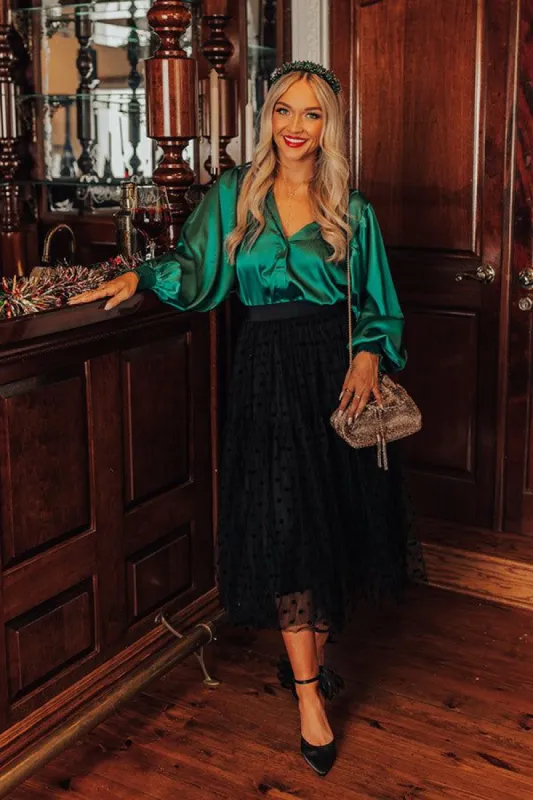 Prosecco Float Satin Top In Hunter Green sold by Impressions