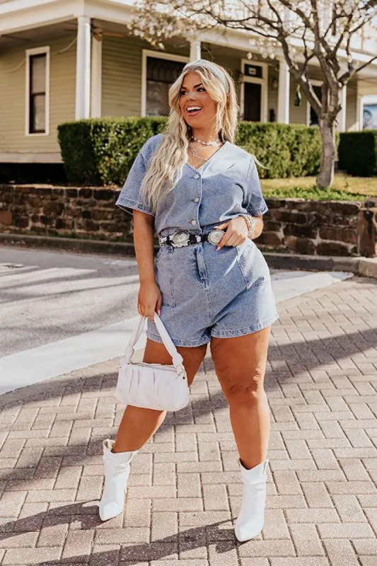 Manhattan Marvels Denim Romper in Medium Wash Curves sold by Impressions