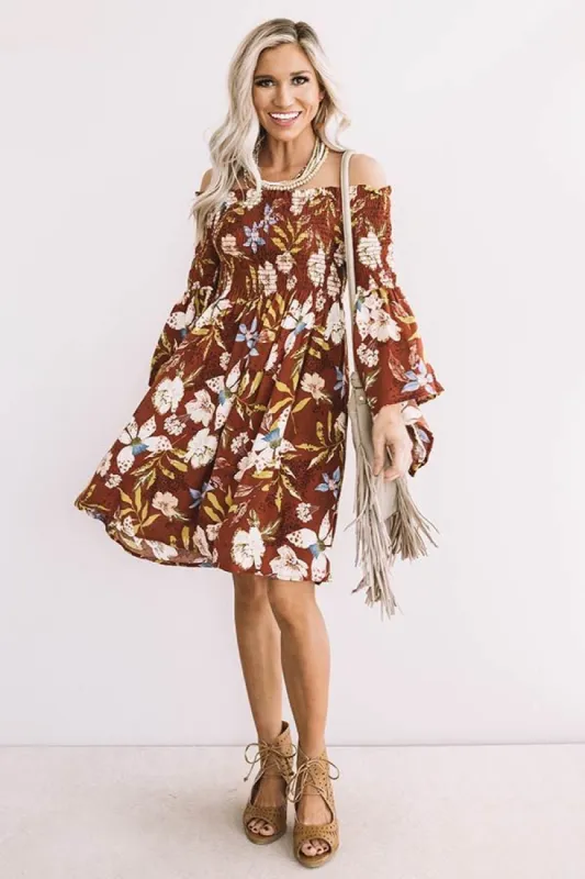 Garden Party Floral Shift Dress In Rust sold by Impressions