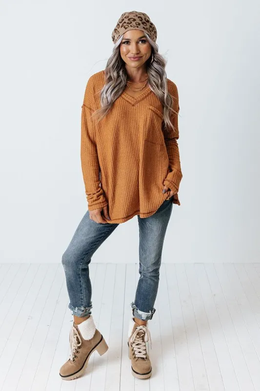 Good Attitude Waffle Knit Top In Rust sold by Impressions
