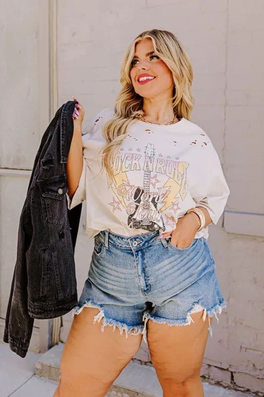 Rock N Roll World Tour Distressed Boyfriend Tee In Stone Curves sold by Impressions