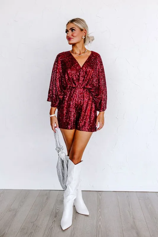 Beyond Obsessed Sequin Romper In Wine sold by Impressions