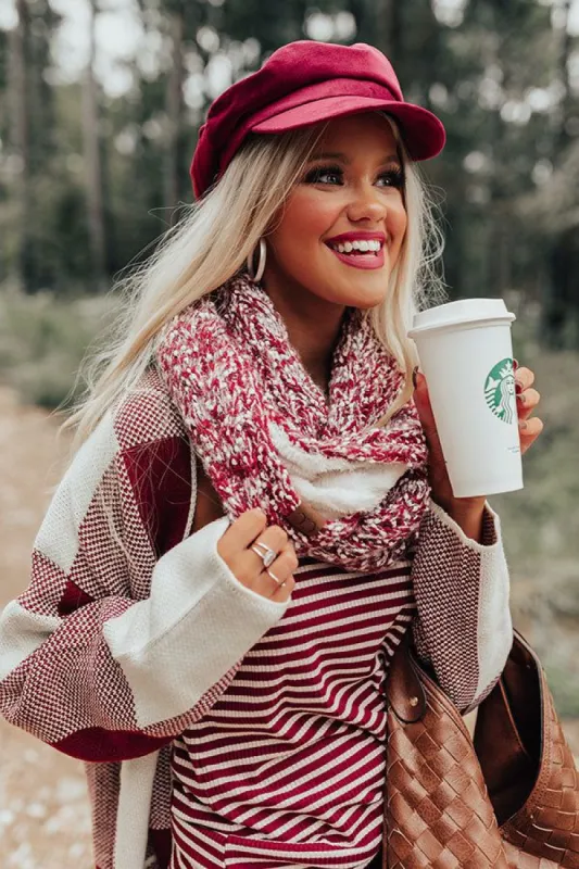 Full Of Warmth Popcorn Knit Infinity Scarf in Wine sold by Impressions