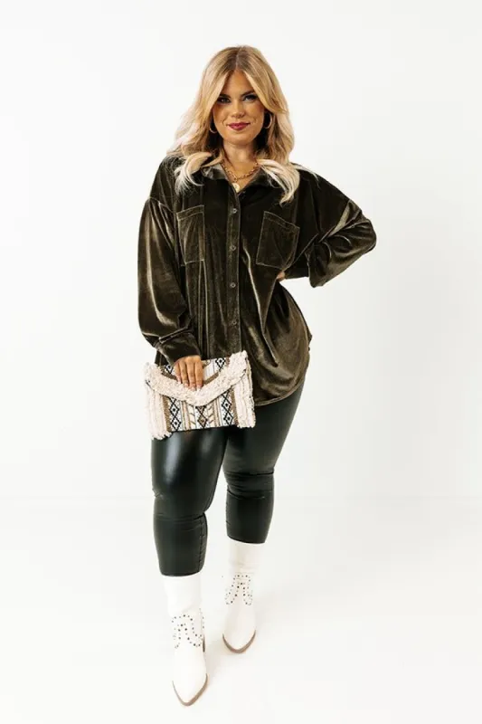 Seasonal Sweetness Velvet Button Up In Olive Curves sold by Impressions