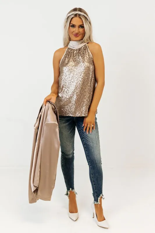 Rooftop Memories Sequin Top In Champagne sold by Impressions