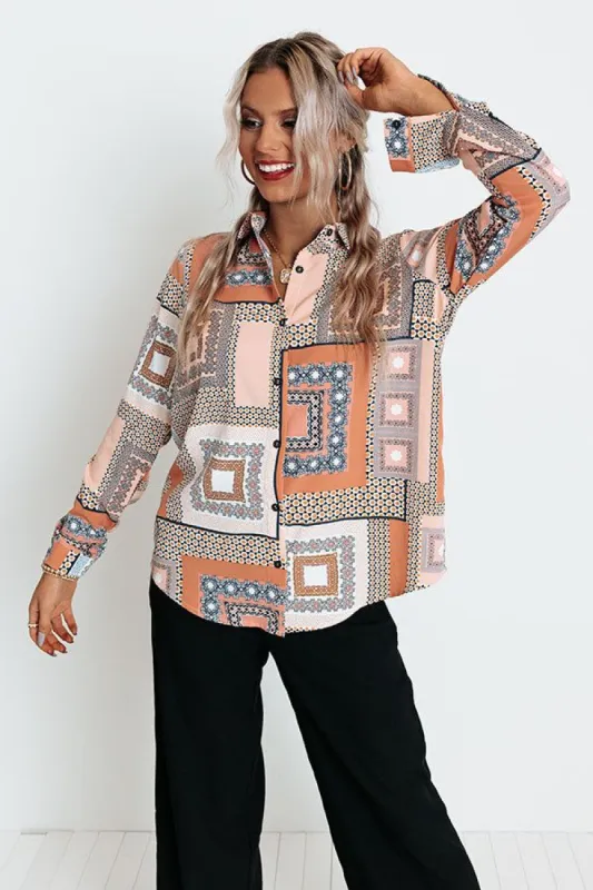 Chic On The Scene Button Up Top In Light Rust sold by Impressions