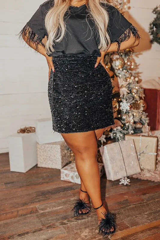 Chasing The Spotlight Sequin Skirt In Black Curves sold by Impressions