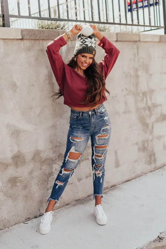 Serious About Love Waffle Knit Top In Wine sold by Impressions