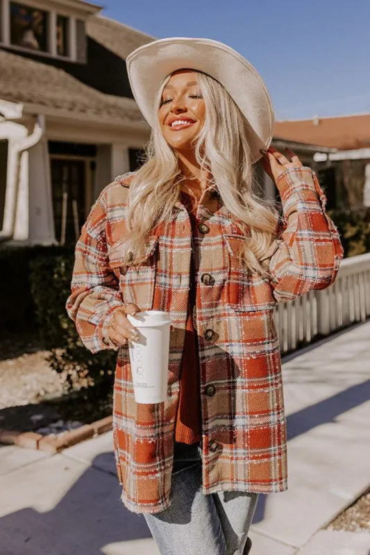 Cozy Cabin Vibes Plaid Jacket In Rust sold by Impressions
