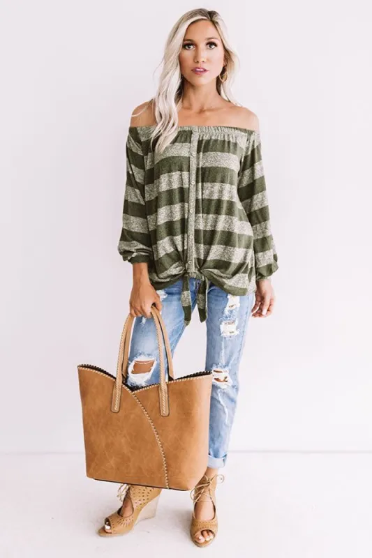 Cute As A Button Off Shoulder Top in Olive sold by Impressions