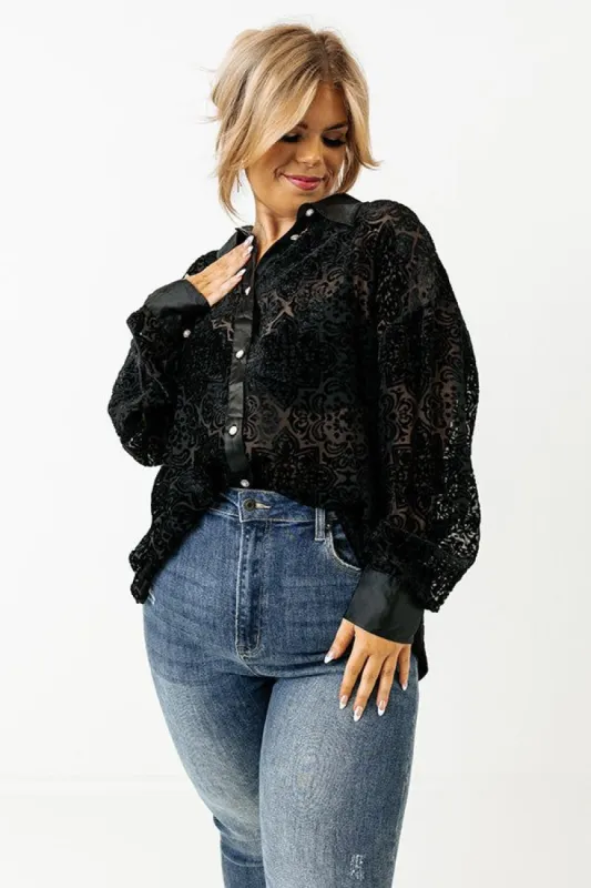Rooftop Soiree Velvet Burnout Top In Black Curves sold by Impressions