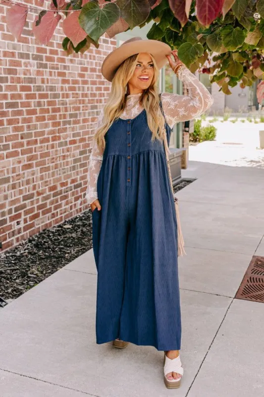 Fall Into Happiness Jumpsuit in Navy Curves sold by Impressions