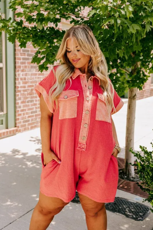 Wonderful Weekend Waffle Knit Romper in Tangerine Curves sold by Impressions