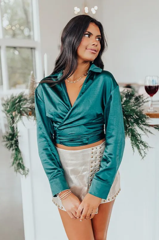 Unseen Beauty Satin Tie Top in Hunter Green sold by Impressions