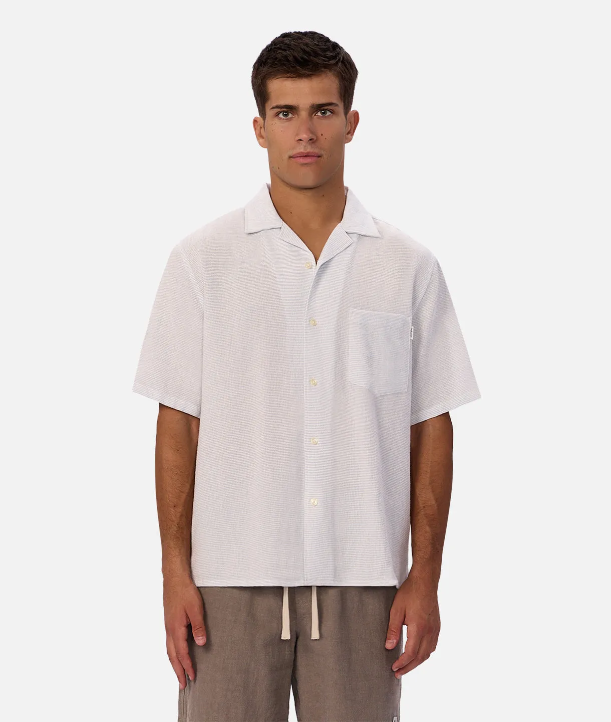 The Striped Marbella Short Sleeve Shirt - Sky / Off White sold by Industrie Clothing