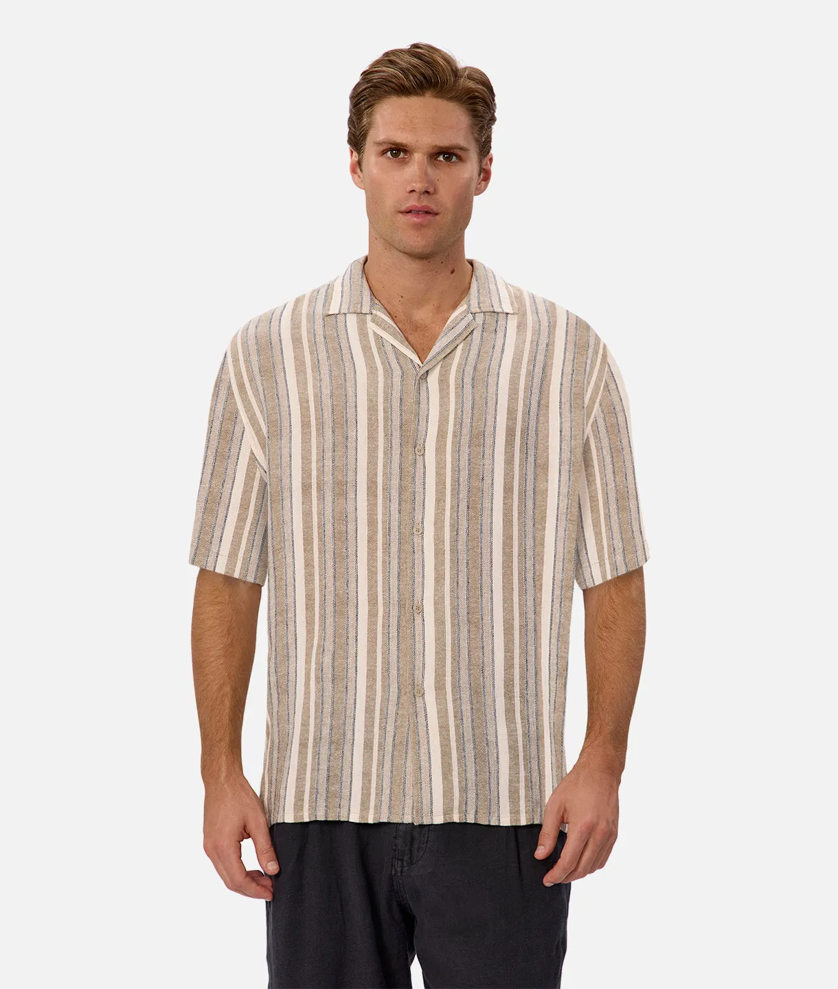 The Livorno Linen Short Sleeve Shirt - Olive Nay sold by Industrie Clothing