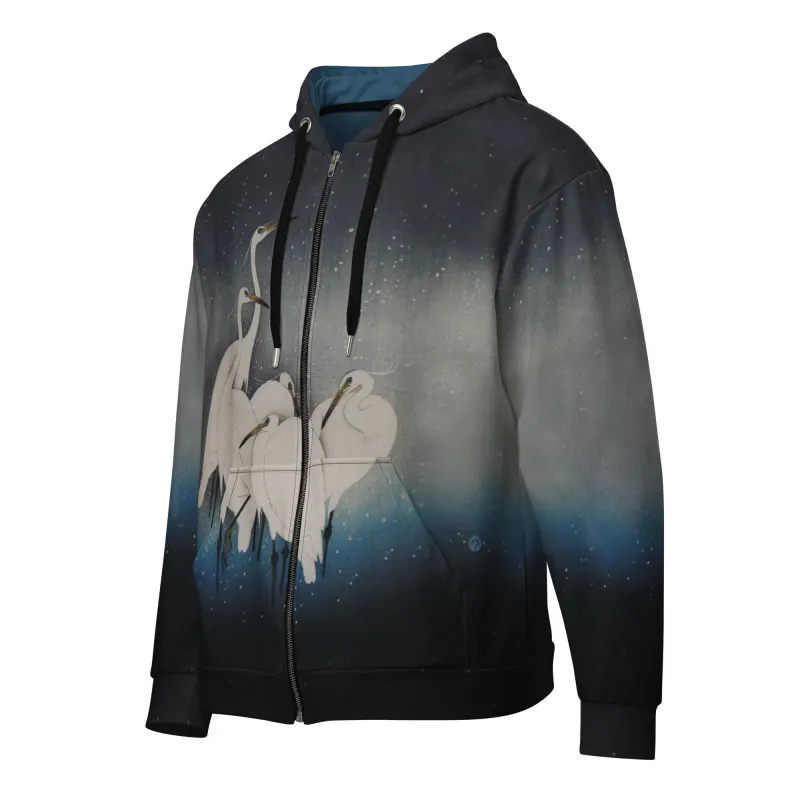 Egrets in Snow Unisex Zip Hoodie made by INKnBURN