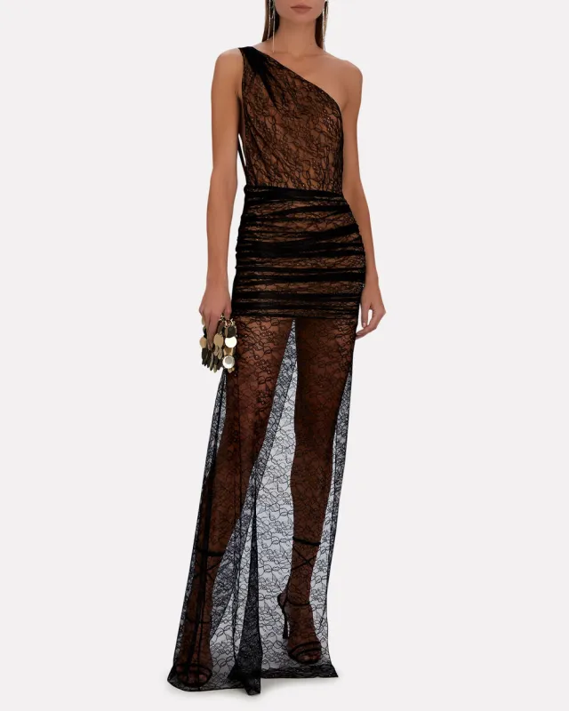 Backless One-Shoulder Lace Gown sold by INTERMIX