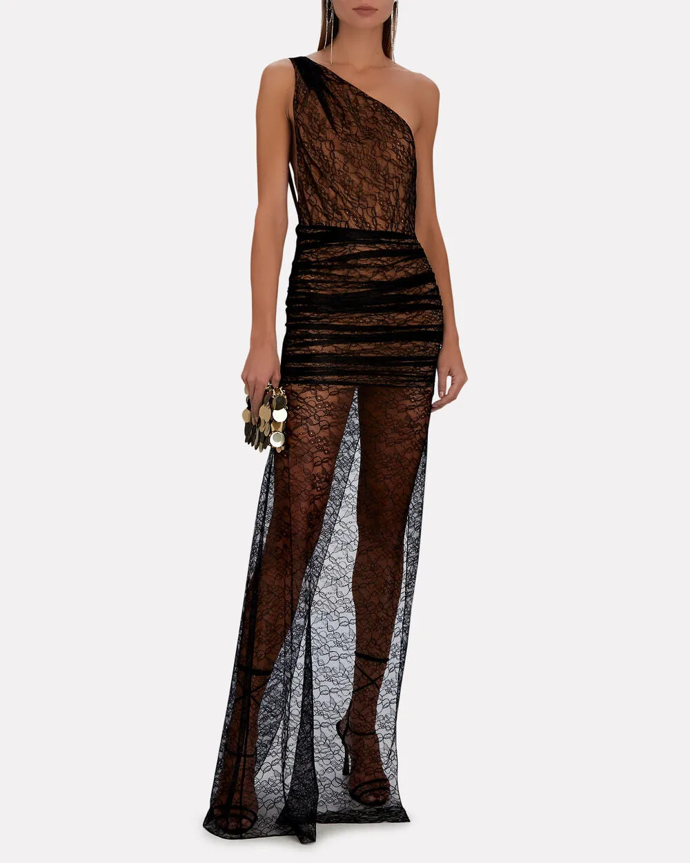 Backless One-Shoulder Lace Gown sold by INTERMIX
